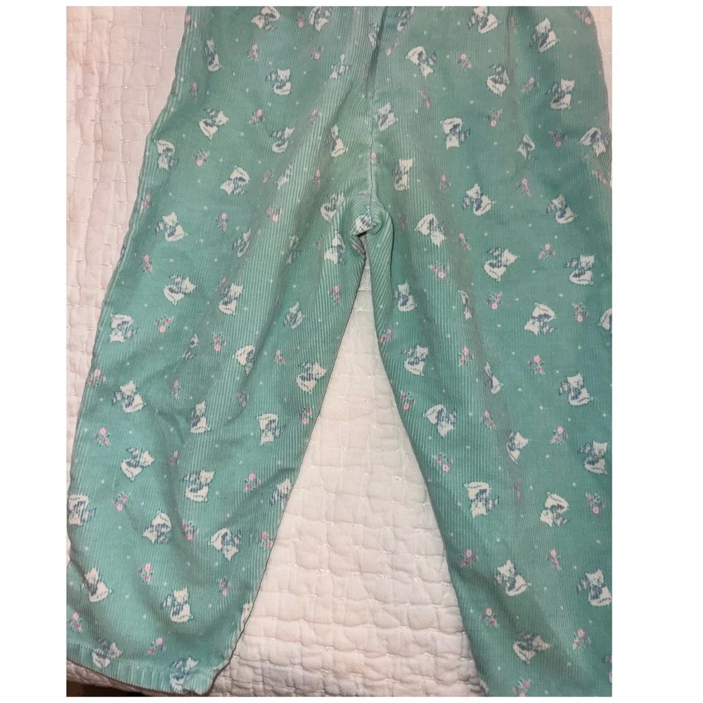 Vtg 90s OshKosh Toddler Girls 3T Corduroy Overalls Teal Cat Print USA FLAW